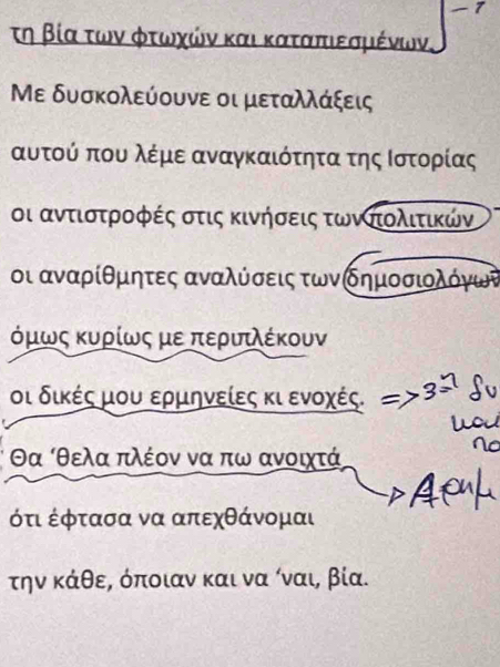 1
τη βία των φτωχών και καταπιεσμένων,
Με δυσκολεύουνε οι μεταλλάξεις
αυτού που λέμε αναγκαιότητα τηςαοστορίίας
οι αντιστροφές στις κινήσεις τωνοιολιτικών
οι αναρίθμητες αναλύσεις τωνδημοσιολόγωτ
όμως κυρίως με περυιέκουν
οι δικές μου ερμηνείες κι ενοχές.
θα θελα πλέον να πω ανοιχτά
ότι έφτασα να απεχθάνομαι
την κάθε, όποιαν και να ίναι, βία.