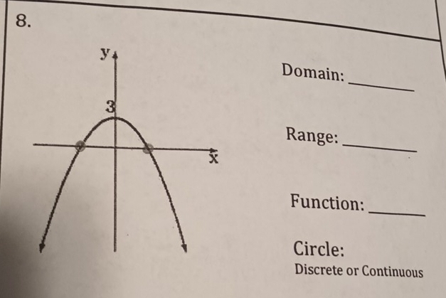 Domain: 
Range: 
_ 
Function: 
_ 
Circle: 
Discrete or Continuous