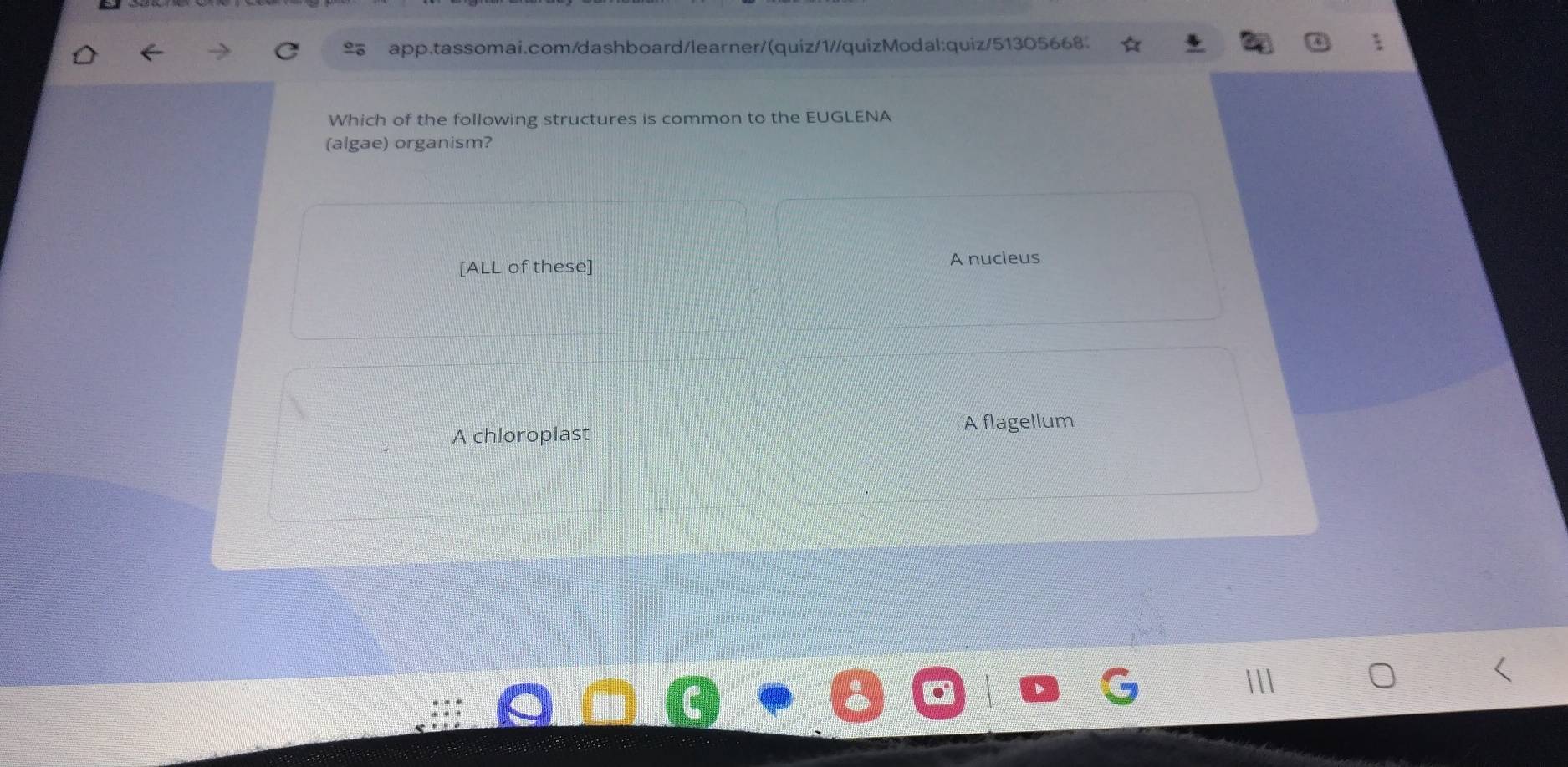 app.tassomai.com/dashboard/learner/(quiz/1//quizModal:quiz/51305668.
Which of the following structures is common to the EUGLENA
(algae) organism?
[ALL of these]
A nucleus
A chloroplast A flagellum