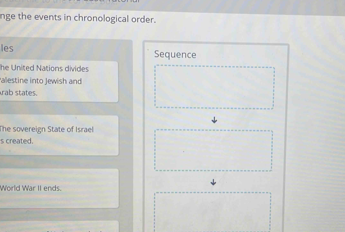nge the events in chronological order. 
les Sequence 
he United Nations divides 
alestine into Jewish and 
rab states. 
The sovereign State of Israel 
s created. 
World War II ends.