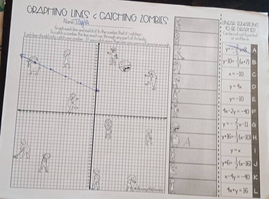 GRAPHING LINES C CATCHING ZOMBIES LiNEAR EQUations
Name Layla
TO RE ORAPHED
Graph each line and match it to the zombie that it "catches or written in
Can be cut out & pasted
To catch
1 y=- 2/5 x+8 A
| y-10= 1/3 (x+7) B
| x=-10
y=4x
1 
1 y=-10
1 4x-2y=-40 F
1
1
1 y=- 2/3 x-11 G
1
1
y+16= 1/3 (x-10) H
y=x |
y+6= 1/2 (x-16) J
1 x-4y=-40 K
1 4x+y=16 L