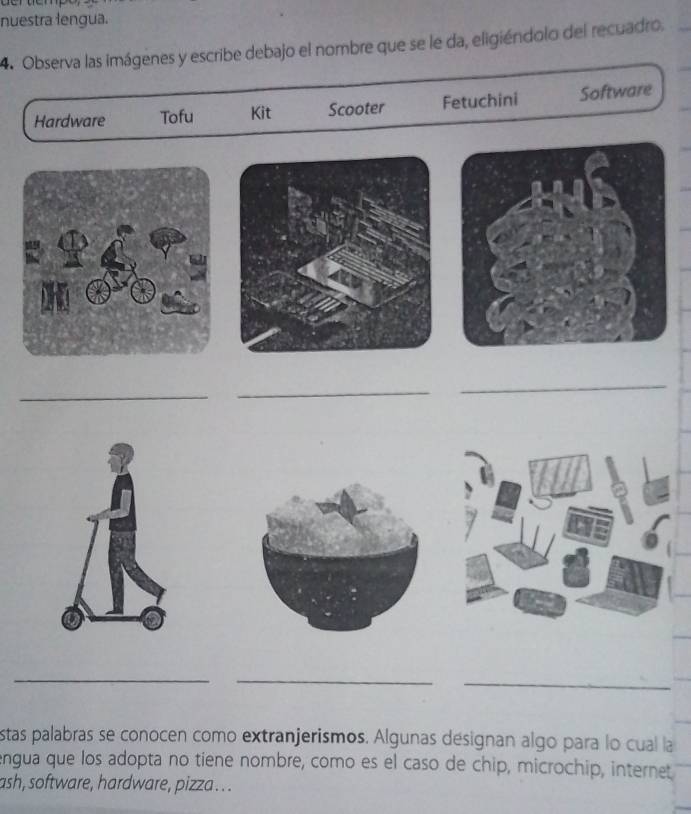 nuestra lengua. 
4. Observa las imágenes y escribe debajo el nombre que se le da, eligiéndolo del recuadro. 
Hardware Tofu Kit Scooter Fetuchini Software 
_ 
_ 
_ 
__ 
_ 
stas palabras se conocen como extranjerismos. Algunas designan algo para lo cual la 
engua que los adopta no tiene nombre, como es el caso de chip, microchip, internet 
ash, software, hardware, pizza ...