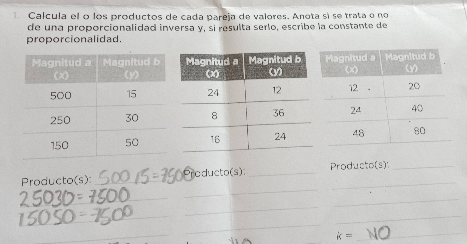 Calcula el o los productos de cada pareja de valores. Anota si se trata o no 
de una proporcionalidad inversa y, si resulta serlo, escribe la constante de 
proporcionalidad. 
Producto(s):_ 
Pr 
Producto(s): _oducto(s):__ 
_ 
_ 
_ 
_ 
_ 
_ 
_ 
_ 
_
k=
_