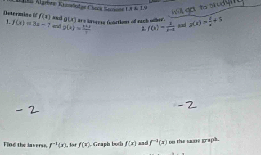 Algebra Knawledge Cleck Sections 1.5 & 19 
Determine if f(x) and g(x) are inverse functions of each other. g(x)= 3/x +5
1. f(x)=3x-7 end g(x)= (x+3)/7  f(x)= 2/x-5  and 
2. 
Find the inverse, f^(-1)(x) , for f(x). Graph both f(x) and f^(-1)(x) on the same graph.