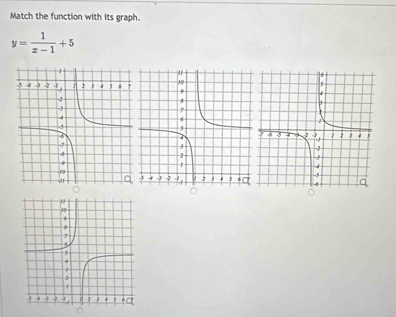 Match the function with its graph.
y= 1/x-1 +5