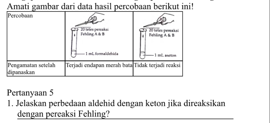 Amati gambar dari data hasil percobaan berikut ini! 
Pertanyaan 5 
1. Jelaskan perbedaan aldehid dengan keton jika direaksikan 
dengan pereaksi Fehling?