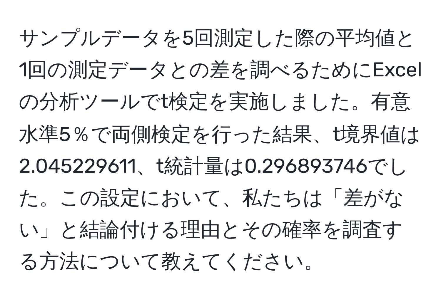 サンプルデータを5回測定した際の平均値と1回の測定データとの差を調べるためにExcelの分析ツールでt検定を実施しました。有意水準5％で両側検定を行った結果、t境界値は2.045229611、t統計量は0.296893746でした。この設定において、私たちは「差がない」と結論付ける理由とその確率を調査する方法について教えてください。