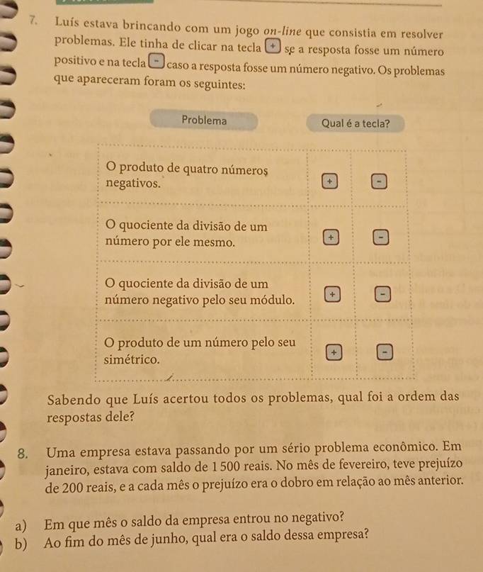 Luís estava brincando com um jogo on-line que consistia em resolver
problemas. Ele tinha de clicar na tecla → se a resposta fosse um número
positivo e na tecla □ caso a resposta fosse um número negativo. Os problemas
que apareceram foram os seguintes:
Problema Qual é a tecla?
O produto de quatro números +
negativos.
O quociente da divisão de um
número por ele mesmo.
+ -
O quociente da divisão de um
número negativo pelo seu módulo. + -
O produto de um número pelo seu
+
simétrico.
Sabendo que Luís acertou todos os problemas, qual foi a ordem das
respostas dele?
8. Uma empresa estava passando por um sério problema econômico. Em
janeiro, estava com saldo de 1 500 reais. No mês de fevereiro, teve prejuízo
de 200 reais, e a cada mês o prejuízo era o dobro em relação ao mês anterior.
a) Em que mês o saldo da empresa entrou no negativo?
b) Ao fim do mês de junho, qual era o saldo dessa empresa?