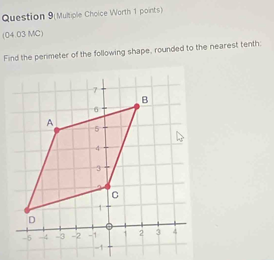 Question 9(Multiple Choice Worth 1 points) 
(04.03 MC) 
Find the perimeter of the following shape, rounded to the nearest tenth: