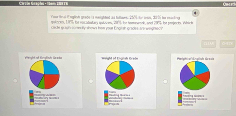 Circle Graphs - Item 20878 Questi 
4 
Your final English grade is weighted as follows: 25% for tests, 25% for reading 
quizzes, 10% for vocabulary quizzes, 20% for homework, and 20% for projects. Which 
circle graph correctly shows how your English grades are weighted? 
CLEAR CHECK 
Weight of English Grade Weight of English Grade Weight of English Grade 
Reading Quizpes Davis 
Tests 
Acalulary Gutraes Reading Quirzes ocstulan Quirr== Vocabulary Quiezes Rrédina Cuâtres 
Projects Homework 
Projects Homework 
Projects