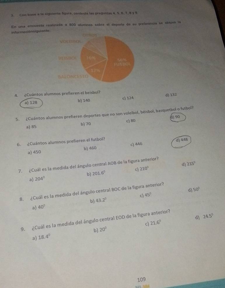 Con base a la siguiente figura, contesta las preguntas 4, 5, 6, 7, 8 y 9.
En una encuesta realizada a 800 alumnos sobre el deporte de su preferencía se obtuvo la
informaciónsiguiente:
4. ¿Cuántos alumnos prefieren el beisbol?
a) 128 b) 140 c) 124 d) 132
5. ¿Cuántos alumnos prefieren deportes que no son voleibol, béisbol, basquetbol o futbol?
a) 85 b) 70 c 80 (d) 90
6. ¿Cuántos alumnos prefieren el futbol?
a) 450 b) 460 c) 446 d) 448
7. ¿Cuál es la medida del ángulo central AOB de la figura anterior?
b) 201.6° c) 210° d) 215°
a) 204°
d 50°
8. ¿Cuál es la medida del ángulo central BOC de la figura anterior?
a) 40° b) 43.2° c)
45°
d) 24.5°
9. ¿Cuál es la medida del ángulo central EOD de la figura anterior?
c) 21.6°
b 20°
a) 18.4°
109