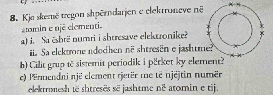 CJ 
8. Kjo skemë tregon shpërndarjen e elektroneve në 
atomin e një elementi. 
a) i. Sa është numri i shtresave elektronike? 
iii. Sa elektrone ndodhen në shtresën e jashtm 
b) Cilit grup të sistemit periodik i përket ky ele 
c) Përmendni një element tjetër me të njëjtin numër 
elektronesh të shtresës së jashtme në atomin e tij.