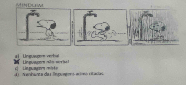 MINDUIM
a) Linguagem verbal
a Linguagem não-verbal
c) Linguagem mista
d) Nenhuma das linguagens acima citadas.