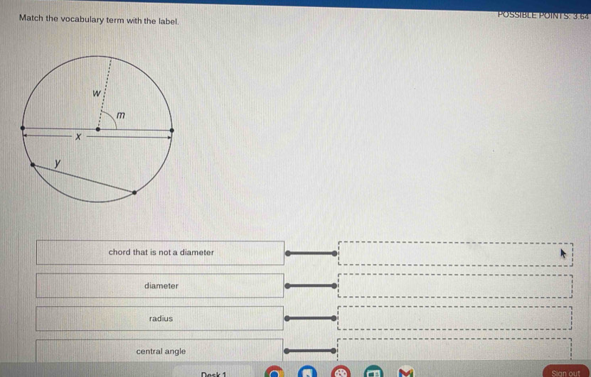 POSSIBLE POINTS: 3.64
Match the vocabulary term with the label.
chord that is not a diameter
diameter
radius
central angle
Nack 1 Sian out