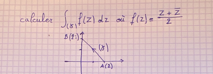 calculer ∈t _(8)f(z)dz oi f(z)=frac z+overline z2
B(2i)
(8)
A(2)