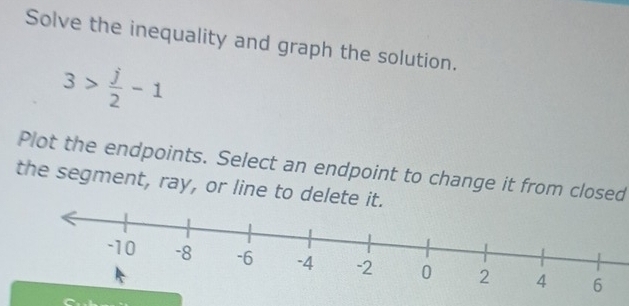 Solve the inequality and graph the solution.
3> j/2 -1
Plot the endpoints. Select an endpoint to change it from closed 
the segment, ray, or line to delete it.