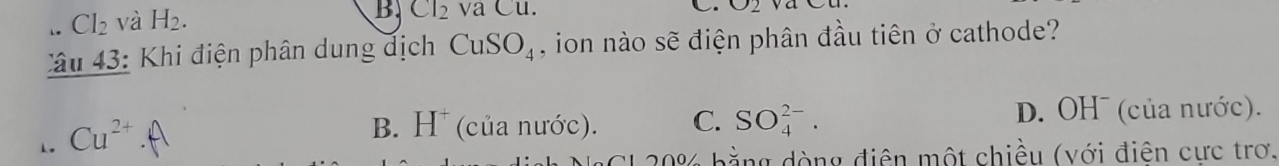 Le Cl_2 và H_2. 
B Cl_2vaCu. 
C.
C â u 4 3 : Khi điện phân dung dịch CuSO_4 , ion nào sẽ điện phân đầu tiên ở cathode?
1。 Cu^(2+).f
B. H^+ (của nước). C. SO_4^(2-).
D. OH¯ (của nước).
2 ∩0 ∠ b ằng dòng điện một chiều (với điên cực trơ.