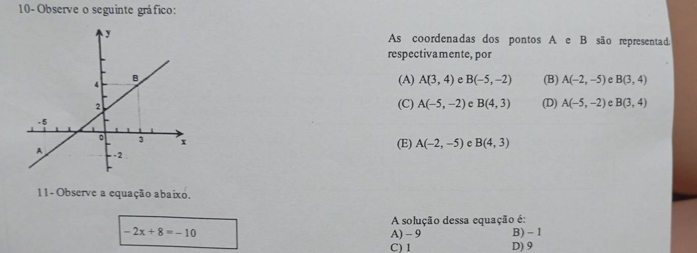 10- Observe o seguinte gráfico:
As coordenadas dos pontos A e B são representad:
respectivamente, por
(B) A(-2,-5) e B(3,4)
(A) A(3,4) e B(-5,-2)
(C) A(-5,-2) e B(4,3) (D) A(-5,-2) e B(3,4)
(E) A(-2,-5) e B(4,3)
11-Observe a equação abaixo.
A solução dessa equação é:
-2x+8=-10 A) - 9 B) - 1
C) 1 D) 9