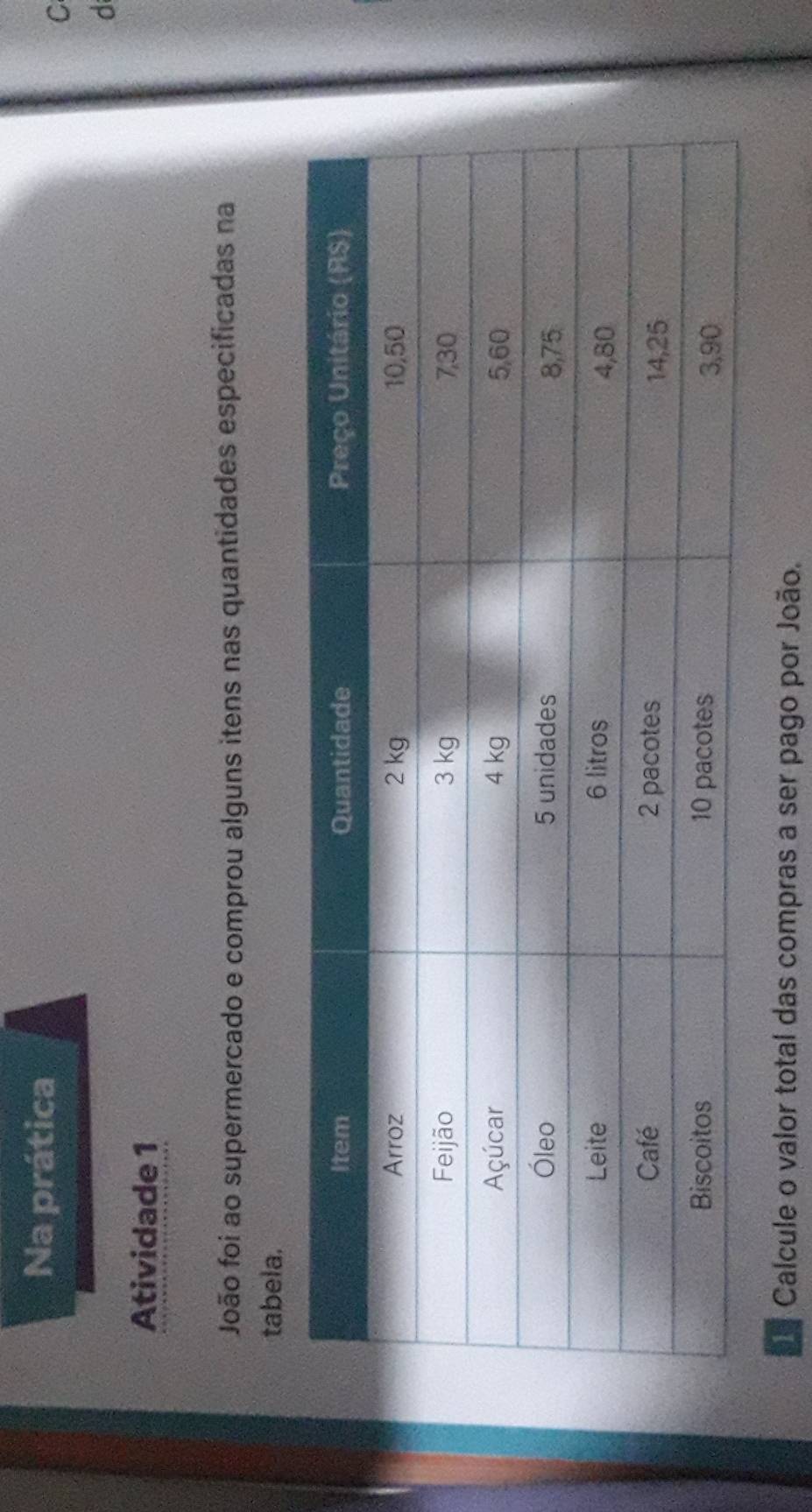 Na prática 
C 
d 
Atividade 1 
João foi ao supermercado e comprou alguns itens nas quantidades especificadas na 
tabela. 
Calcule o valor total das compras a ser pago por João.