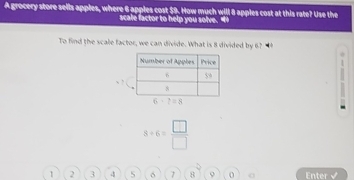 A grocery store sells apples, where 6 apples cost $9. How much will 8 apples cost at this rate? Use the
scale factor to help you solve. "
To find the scale factor, we can divide. What is 8 divided by 6?  
√ ?
8+6= □ /□  
1 2 3 4 8 9 0 Enter √