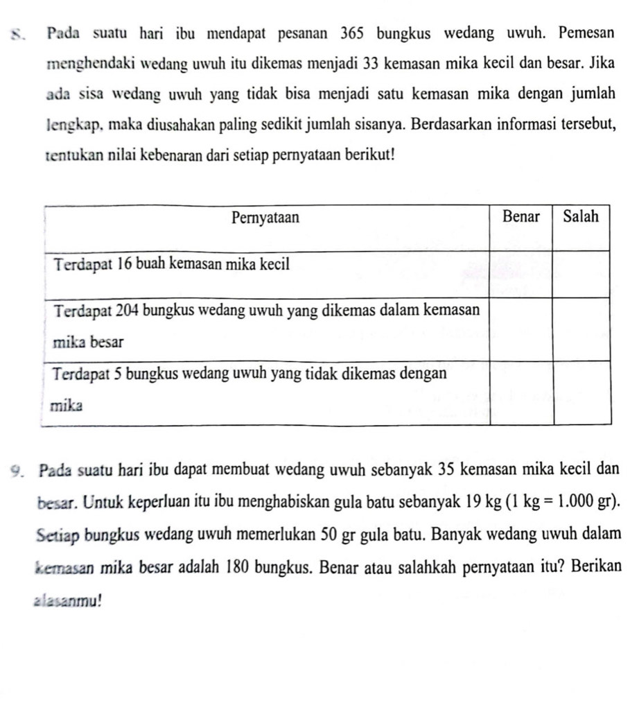 Pada suatu hari ibu mendapat pesanan 365 bungkus wedang uwuh. Pemesan 
menghendaki wedang uwuh itu dikemas menjadi 33 kemasan mika kecil dan besar. Jika 
ada sisa wedang uwuh yang tidak bisa menjadi satu kemasan mika dengan jumlah 
lengkap, maka diusahakan paling sedikit jumlah sisanya. Berdasarkan informasi tersebut, 
tentukan nilai kebenaran dari setiap pernyataan berikut! 
9. Pada suatu hari ibu dapat membuat wedang uwuh sebanyak 35 kemasan mika kecil dan 
besar. Untuk keperluan itu ibu menghabiskan gula batu sebanyak 19kg(1kg=1.000gr). 
Setiap bungkus wedang uwuh memerlukan 50 gr gula batu. Banyak wedang uwuh dalam 
kemasan mika besar adalah 180 bungkus. Benar atau salahkah pernyataan itu? Berikan 
alasanmu!