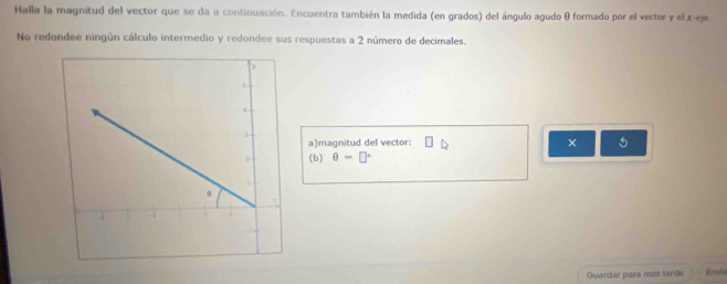 Halla la magnitud del vector que se da a continuación. Encuentra también la medida (en grados) del ángulo agudo θ formado por el vector y el x -eje. 
No redondee ningún cálculo intermedio y redondee sus respuestas a 2 número de decimales. 
a)magnitud del vector: × 
(b) θ =□°
Guardar para más tarde Envia