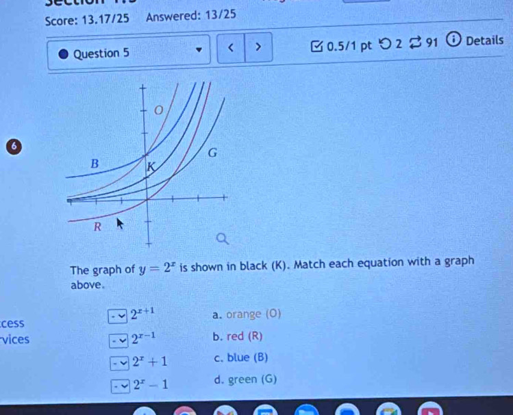 Score: 13.17/25 Answered: 13/25
Question 5 a 0.5/1 pt つ 2 91 ⓘ Details
6
The graph of y=2^x is shown in black (K). Match each equation with a graph
above.
2^(x+1)
cess a. orange (O)
vices 2^(x-1) b. red (R)
2^x+1 c. blue (B)
2^x-1 d. green (G)