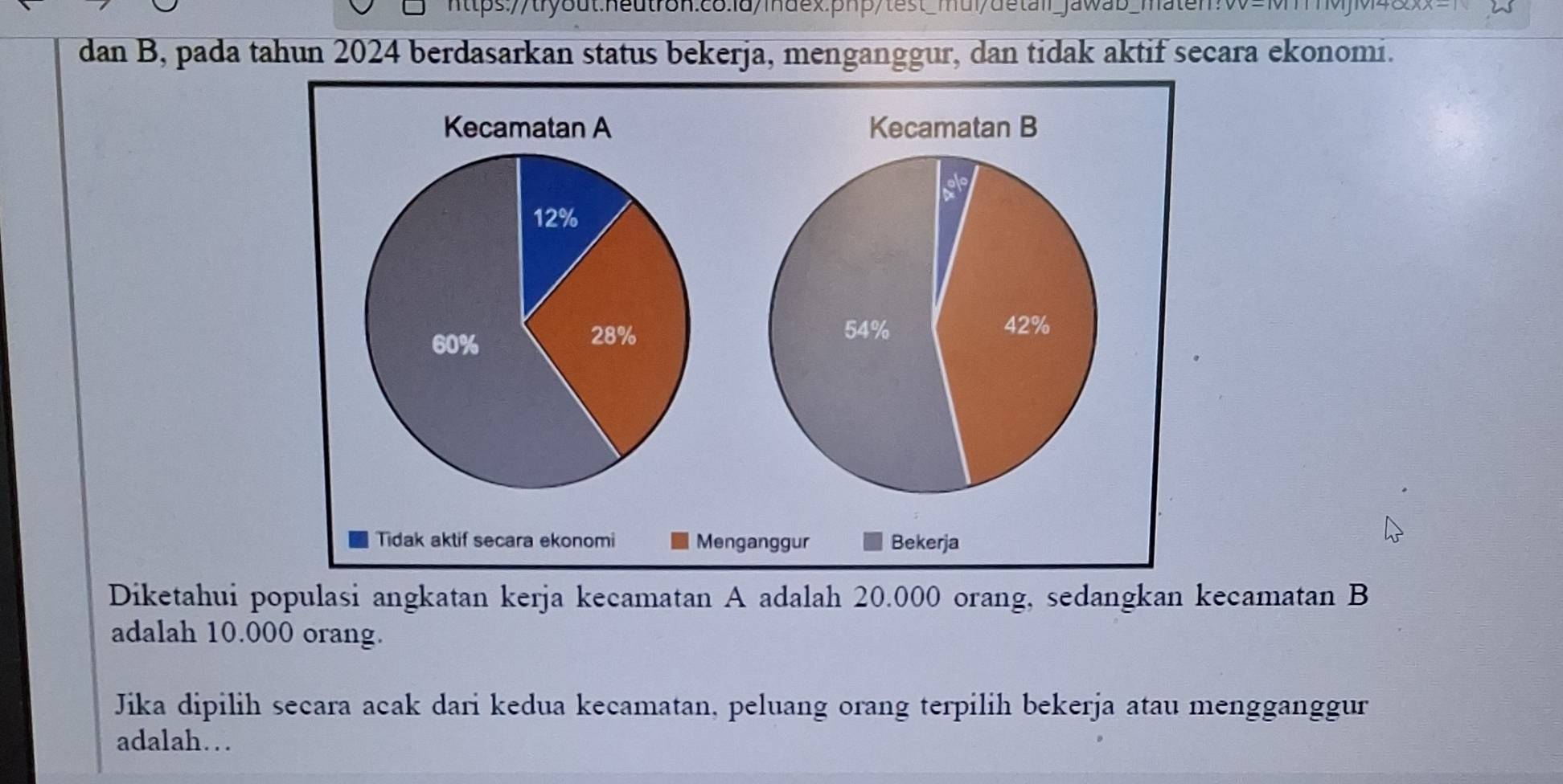 maten
dan B, pada tahun 2024 berdasarkan status bekerja, menganggur, dan tidak aktif secara ekonomi.
Diketahui populasi angkatan kerja kecamatan A adalah 20.000 orang, sedangkan kecamatan B
adalah 10.000 orang.
Jika dipilih secara acak dari kedua kecamatan, peluang orang terpilih bekerja atau mengganggur
adalah…