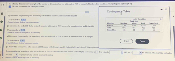 The following data represent a sample of the namber of drivers involved in a fatal crash in 2020 in various light and weather conditions. Complete parts (a) through (e) 
= Click the icon to view the contingency table 
× 
Contingency Table 
(b) Determine the probability that a randomly selected fatal crash in 2020 occurred in daylight 
The probability is θ 467
(Round to throo decimal places as noeded.) 
(c) Determine the probability that a randomly selected fatal crash in 2020 occurred in normal weather and in daylight 
The probability is 0.418
(Round to three decimal places as needed ) 
(d) Determine the probability that a randomly selected fatal crash in 2020 occurred in normall wealther or in daylight. 
The probability is 0.933 Print Done 
(Round to three decimal places as needed ) 
fe) Would it be unusual for a fatal crash in 2020 to occur while it is dark outside (without light) and raining? Why might this 
The probability that a randomily selected fatal crash in 2020 occurs when it is dark outside (without light) and raining is □ This vallue is □ 0.05, so it □ be unusual. This might be misleading 
because □° people are driving when it is dark and raining 
(Hound to three decimal places as needed )