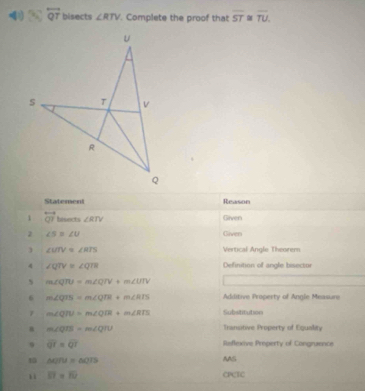 overleftrightarrow QT bisects ∠ RTV. Complete the proof that overline ST overline TU. 
Statement Reason
1 overleftrightarrow QT hisects ∠ RTV Given
2 ∠ 5=∠ U Given
3 ∠ UTV≌ ∠ RTS Vertical Angle Theorem
4 ∠ QTV=∠ QTH Definition of angle bisector
s m∠ QnU=m∠ QrV+m∠ UTV
6 m∠ QTS=m∠ QTR+m∠ RIS Additive Property of Angle Measure
1 m∠ QTU=m∠ QTR+m∠ RTS Substitution
m∠ QTB=m∠ QTU Transitive Property of Eguality
overline QT=overline QT Reflexive Preperty of Congruence
1 △ QPU≌ △ QIS
MS
overline EI=overline EV CPCTC