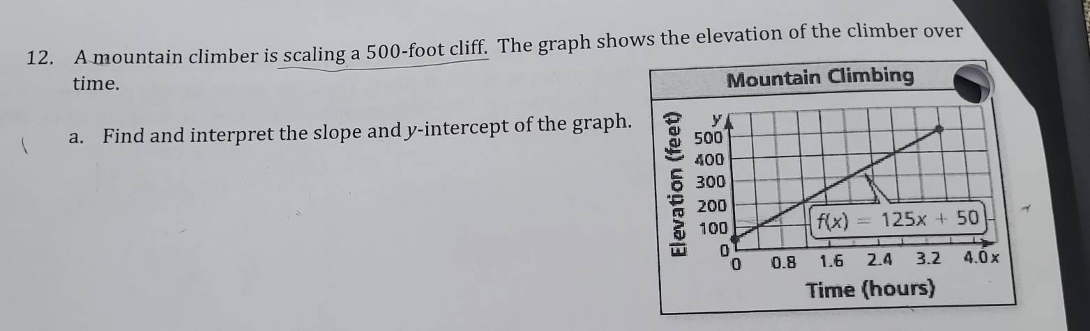 A mountain climber is scaling a 500-foot cliff. The graph shows the elevation of the climber over
time.
Mountain Climbing
a. Find and interpret the slope and y-intercept of the graph. 
5
Time (hours)