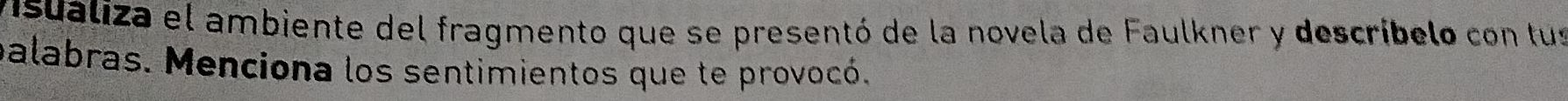 isualiza el ambiente del fragmento que se presentó de la novela de Faulkner y descríbelo con tus 
palabras. Menciona los sentimientos que te provocó.