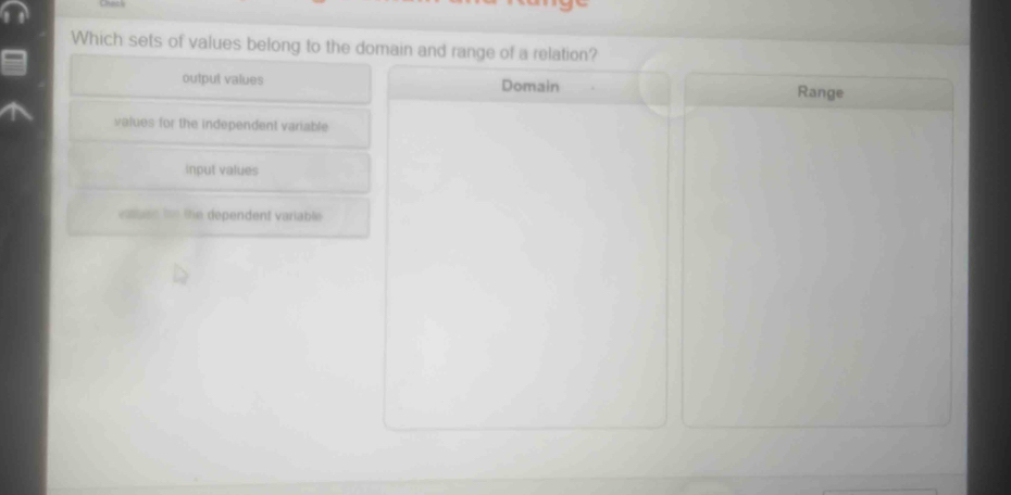 Which sets of values belong to the domain and range of a relation?
output values Domain Range
values for the independent variable
input values
vaued the the dependent variable