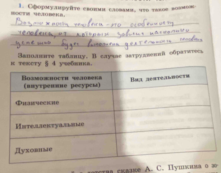 Сформулируйtе своими словами, чτо такое возмож- 
ности человека. 
_ 
_ 
_ 
Заполните таблицу, В случае затруднений обратитесь 
тексту § 4 уч 
ства сказке A. C. Пушк0-