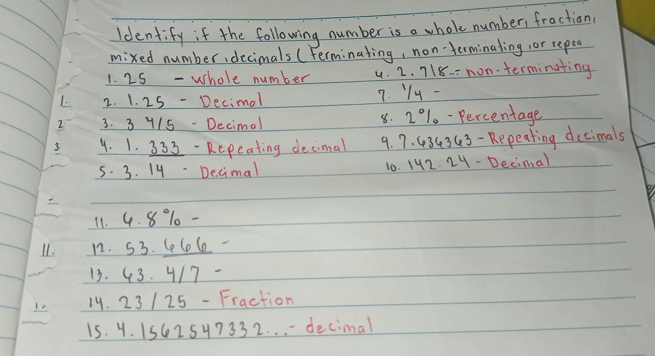 Identify if the following number is a whole number fraction 
mixed number, decimals (terminating, non-terminating, or reped 
1. 25 - whole number 4. 2. 718. = non-terminating 
2. 1. 25 - Decimol 7. Yy - 
2 3. 3 Y/5 - Decimal 8. 20%%.- Percentage 
3 4. 1. 333 - Repeating decimal 9. 7. (343C3 - Repeating dicimals 
5. 3. 14 - Decimal 10. 142. 24 - Decinal 
11. 4. 8 % - 
11. 12. 53. (66- 
13. 43. 4/7 - 
19. 23 /25 - Fraction 
15. 4. 1562547332. . . . decimal