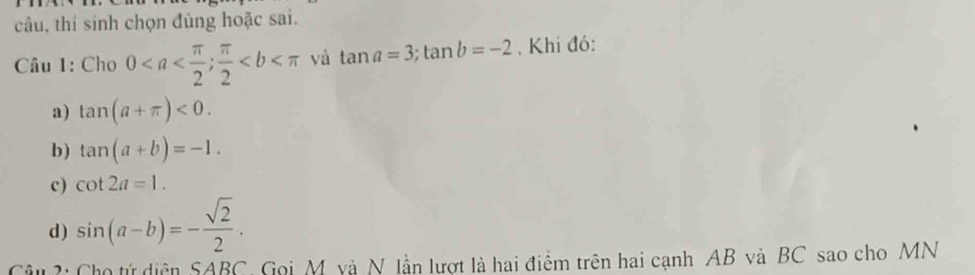 câu, thí sinh chọn đúng hoặc sai.
Câu 1: Cho 0;  π /2  và tan a=3; tan b=-2 , Khi đó:
a) tan (a+π )<0</tex>.
b) tan (a+b)=-1.
c) cot 2a=1.
d ) sin (a-b)=- sqrt(2)/2 . 
: Cho tứ diện SABC, Gọi M. và N lần lượt là hai điểm trên hai cạnh AB và BC sao cho MN