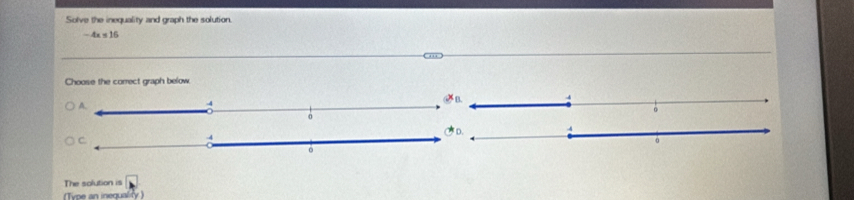 Solve the ineguality and graph the solution
- 4x s 16
Choose the comect graph below.
4
The solution is □
(Type an inequality )