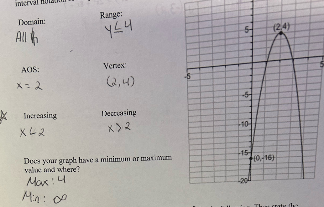 interval notatio
Domain: Range:
AOS: Vertex:
5
Increasing Decreasing
Does your graph have a minimum or maximum
value and where?
the