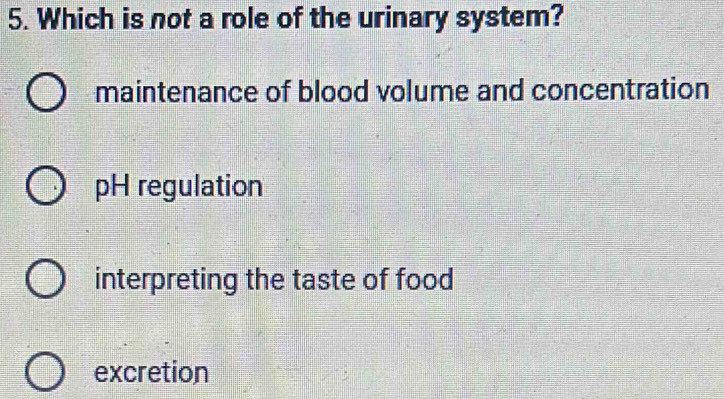 Which is not a role of the urinary system?
maintenance of blood volume and concentration
pH regulation
interpreting the taste of food
excretion