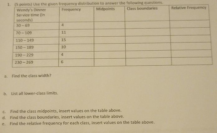 ency distribution to answer the following questions. 
a、 Find the class width? 
b. List all lower-class limits. 
c. Find the class midpoints, insert values on the table above. 
d. Find the class boundaries, insert values on the table above. 
e. Find the relative frequency for each class, insert values on the table above.