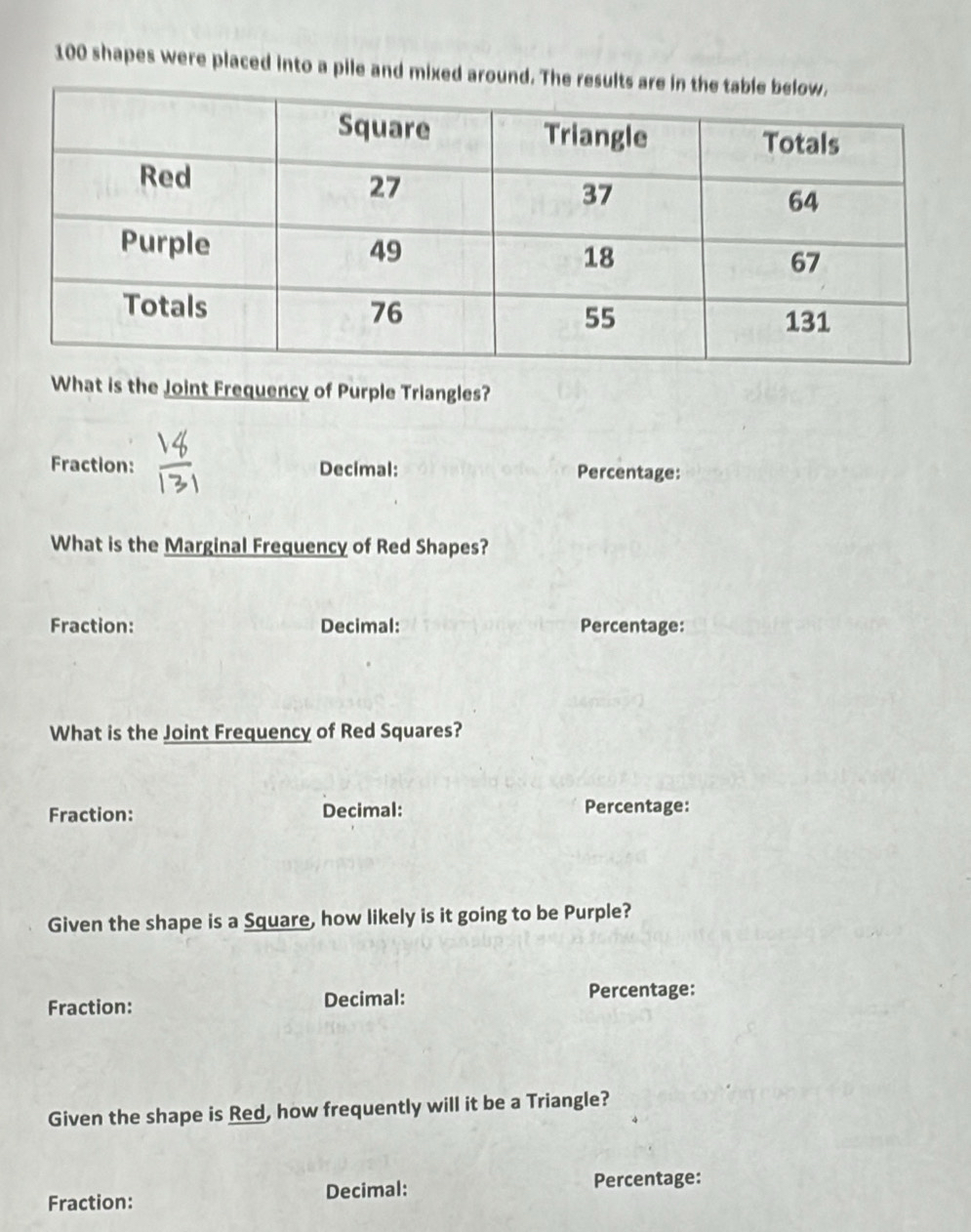 100 shapes were placed into a pile and mixed around. Th
What is the Joint Frequency of Purple Triangles?
Fraction: Decimal: Percentage:
What is the Marginal Frequency of Red Shapes?
Fraction: Decimal: Percentage:
What is the Joint Frequency of Red Squares?
Fraction: Decimal: Percentage:
Given the shape is a Square, how likely is it going to be Purple?
Fraction: Decimal: Percentage:
Given the shape is Red, how frequently will it be a Triangle?
Fraction: Decimal:
Percentage: