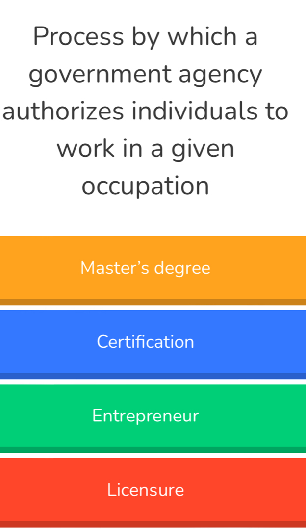 Process by which a
government agency
authorizes individuals to
work in a given
occupation
Master's degree
Certification
Entrepreneur
Licensure