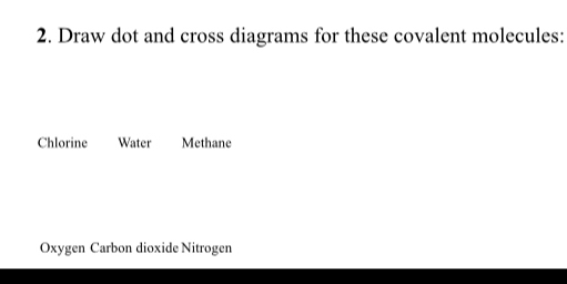 Draw dot and cross diagrams for these covalent molecules: 
Chlorine Water Methane 
Oxygen Carbon dioxide Nitrogen