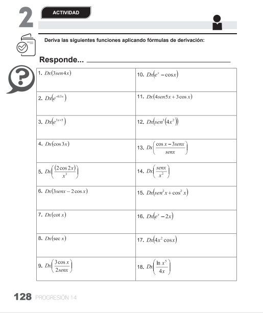 ACTIVIDAD
Deriva las siguientes funciones aplicando fórmulas de derivación:
?
128 PROGRESIÓN 14