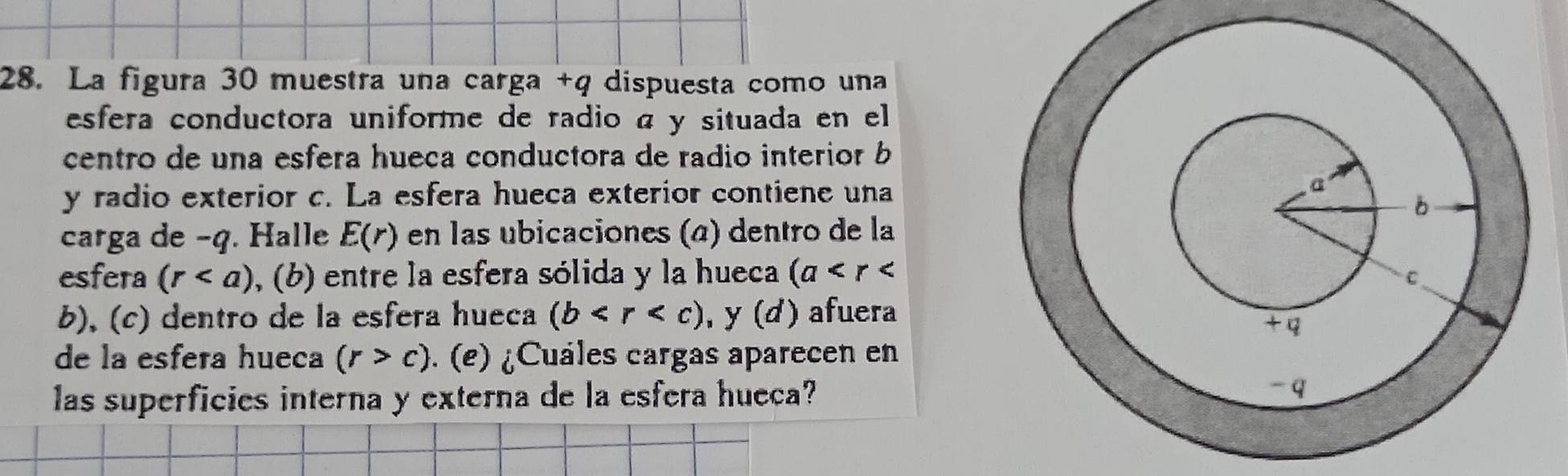 La figura 30 muestra una carga +q dispuesta como una 
esfera conductora uniforme de radio á y situada en el 
centro de una esfera hueca conductora de radio interior b
y radio exterior c. La esfera hueca exterior contiene una 
carga de -q. Halle E(r) en las ubicaciones (α) dentro de la 
esfera (r , (b) entre la esfera sólida y la hueca (a
b), (c) dentão de la esfera hueca (b , y(d) afuera 
de la esfera hueca (r>c). (e) ¿Cuales cargas aparecen en 
las superficies interna y externa de la esfera hueca?