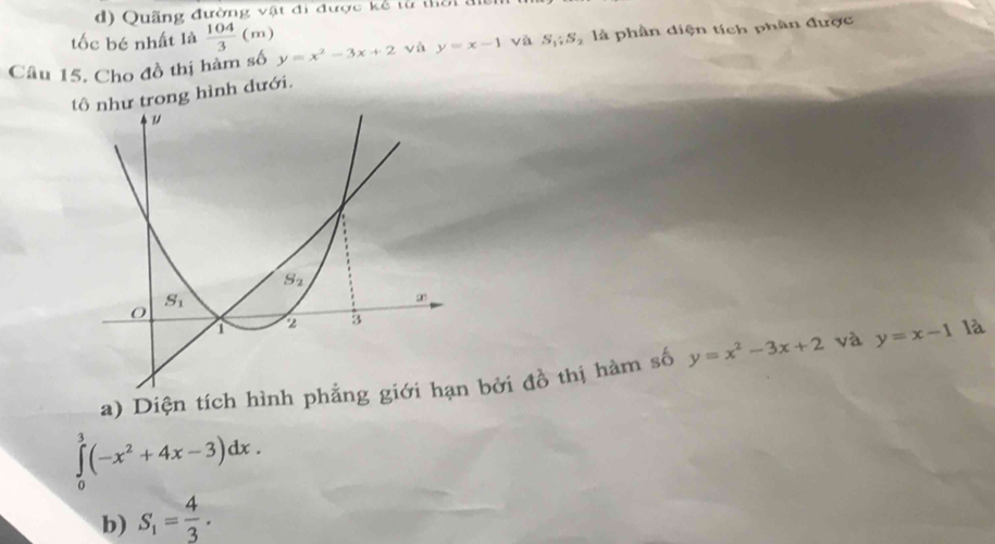 Quãng đường vật đi được kể từ thời đi
tốc bé nhất là  104/3  (m)
Câu 15. Cho đồ thị hàm số y=x^2-3x+2 và y=x-1 và S_1;S_2 là phần diện tích phần được
t trong hình dưới.
a) Diện tích hình phẳn bởi đồ thị hàm số y=x^2-3x+2 và y=x-1 là
∈tlimits _0^(3(-x^2)+4x-3)dx.
b) S_1= 4/3 .