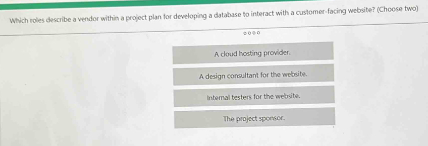 Which roles describe a vendor within a project plan for developing a database to interact with a customer-facing website? (Choose two)
A cloud hosting provider.
A design consultant for the website.
Internal testers for the website.
The project sponsor.