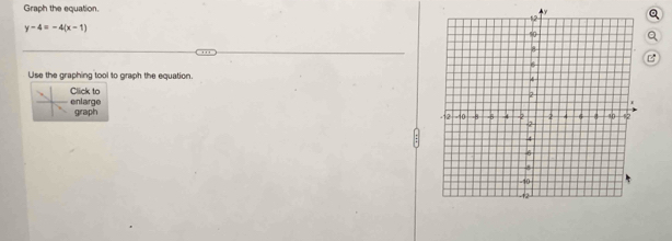 Graph the equation. +y
y-4=-4(x-1)
Use the graphing tool to graph the equation. 
Click to 
enlarge graph