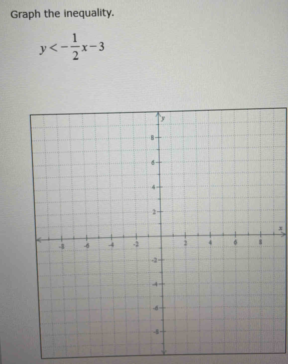 Graph the inequality.
y<- 1/2 x-3
x