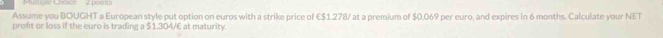 Mullipe Choice 2 points 
Assume you BOUGHT a European style put option on euros with a strike price of €$1.278/ at a premium of $0.069 per euro, and expires in 6 months. Calculate your NET 
proft or loss if the euro is trading a $1.304/E at maturity.